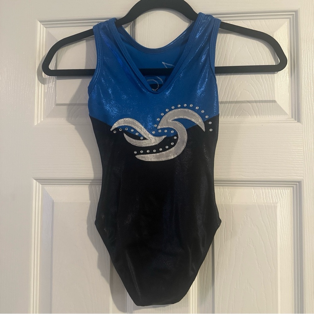 Alpha Factor Gymnastics Leotard Blue And Black With Silver & Rhinestones Size CM - Picture 4 of 4